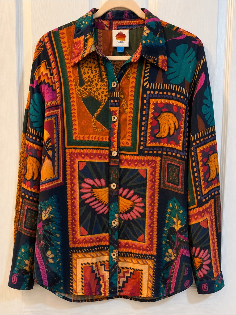 FARM Rio Multicolor Patchwork Button-Up Shirt in Teal, Orange & Pink XL